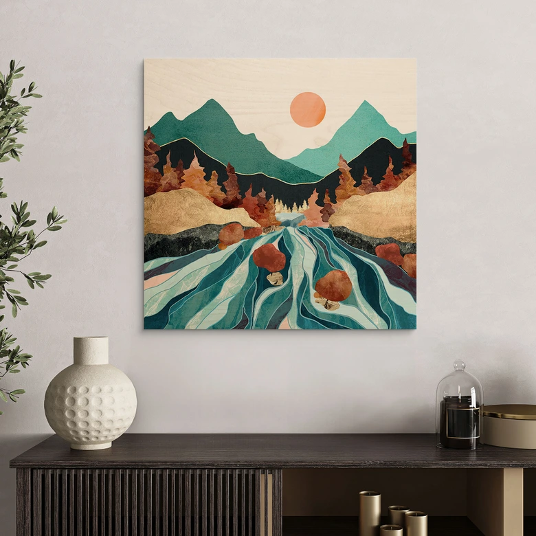 Holzbild Berg Land Fluss - SpaceFrog Designs 