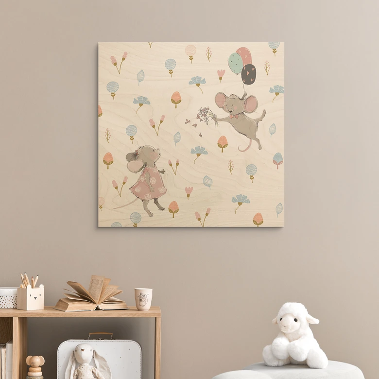 Holzbild Kleine Mäuse mit Luftballons - UN Designs 