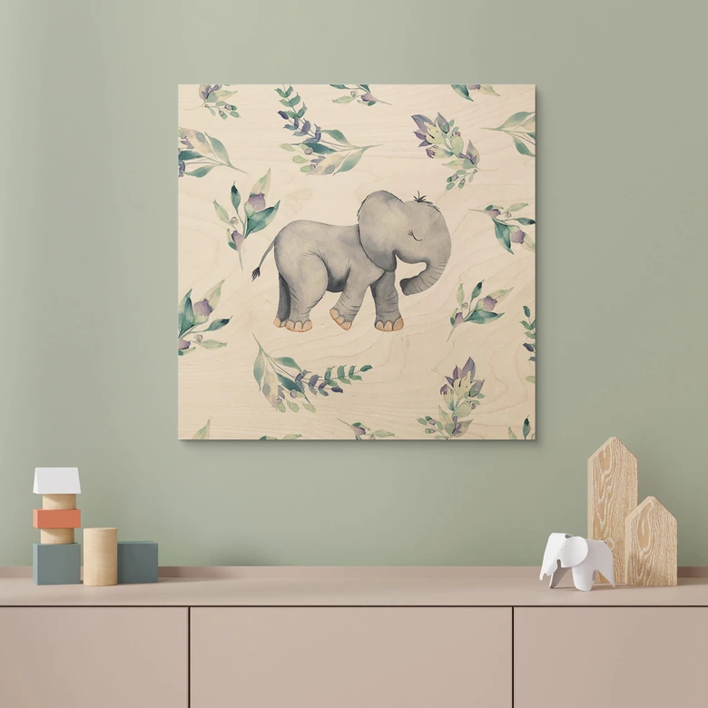 Houten Poster - Schattige baby olifant tussen boho takken - UN Designs 