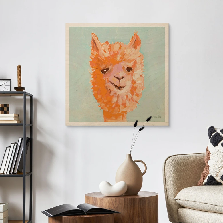 Holzbild Oranges Alpaca - Zwara - Quadratisch 