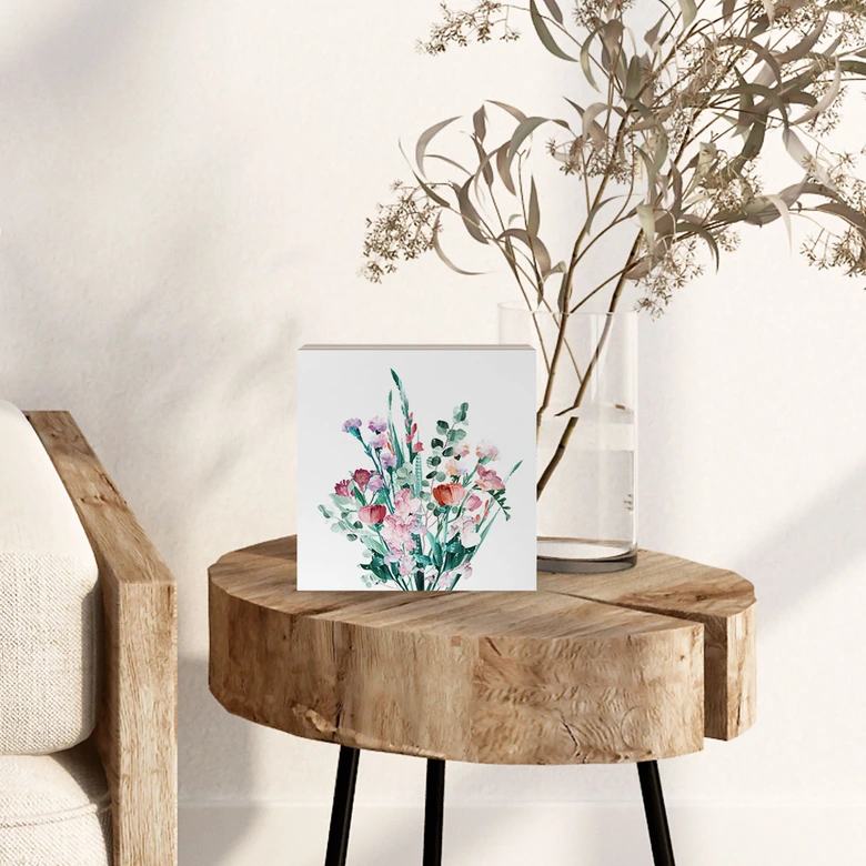Houten Wanddecoratie om op te hangen - Wilde bloemen boeket in de lente - Goed Blauw - 15x15 cm 