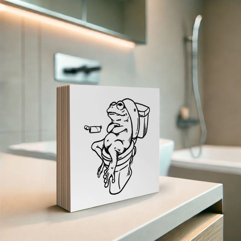 Holzbild zum Hinstellen - Warten auf der Toilette - Humorvolle Frosch-Illustration - Royle - 15x15 cm 