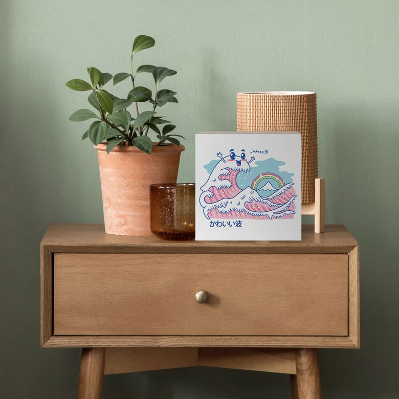 Holzbild zum Hinstellen - Kawaii Welle mit Regenbogen und Berg Fuji - Trinidad - 15x15 cm 
