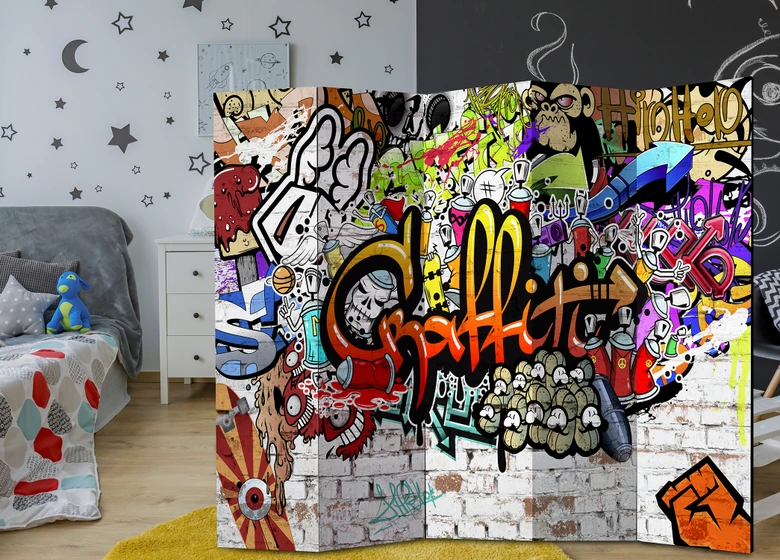 Paravent, Raumteiler freistehend, Trennwand - Bunte Graffiti, 5-teilig - 225x172 cm 