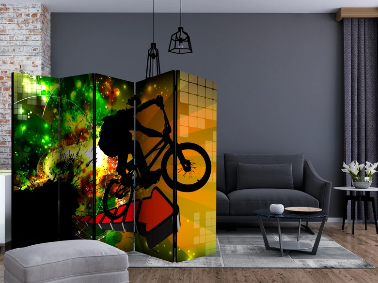 Paravent, Raumteiler freistehend, Trennwand - Fahrrad Tricks , 5-teilig - 225x172 cm 