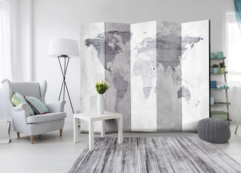 Paravent Séparation de pièce - Carte du monde - Continents de pierre, 5 pièces - 225x172 cm 