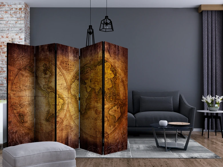 Paravent Séparation de pièce - Carte du monde - Le monde sur une ancienne carte , 5 pièces - 225x172 cm 