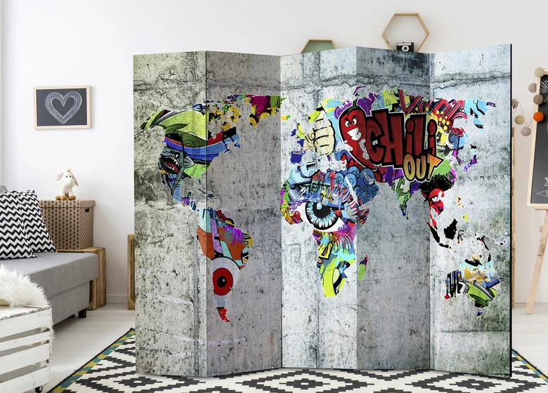 Paravent, Raumteiler freistehend, Trennwand - Weltkarte - Graffiti-Welt, 5-teilig - 225x172 cm 