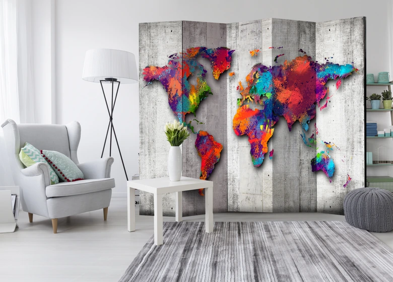 Paravent, Raumteiler freistehend, Trennwand - Weltkarte - Steinwelt, 5-teilig - 225x172 cm 