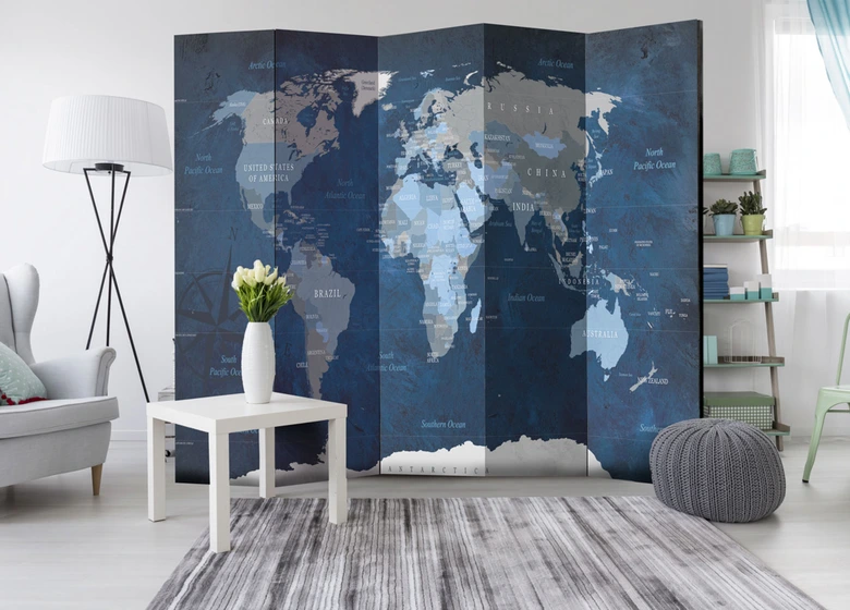 Paravent Séparation de pièce - Carte du monde - Bleu foncé monde, 5 pièces - 225x172 cm 
