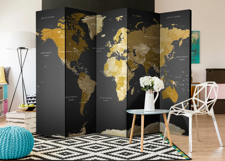 Paravent Séparation de pièce - carte du monde sur fond sombre, 5 pièces - 225x172 cm 