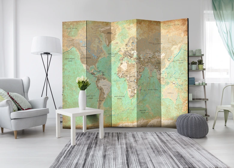 Paravent Séparation de pièce - Carte du monde turquoise, 5 pièces - 225x172 cm 