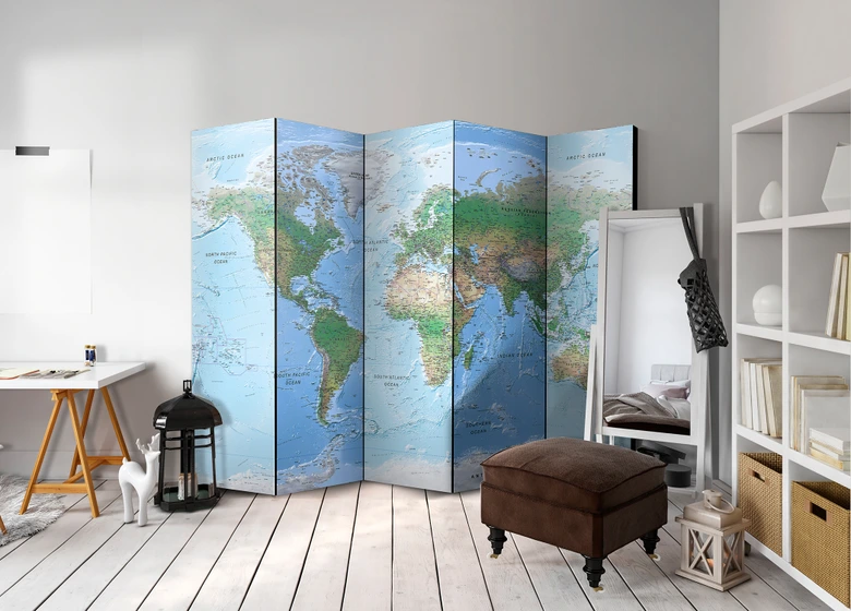 Paravent Séparation de pièce - Carte du monde - Globe en terre cuite, 5 pièces - 225x172 cm 