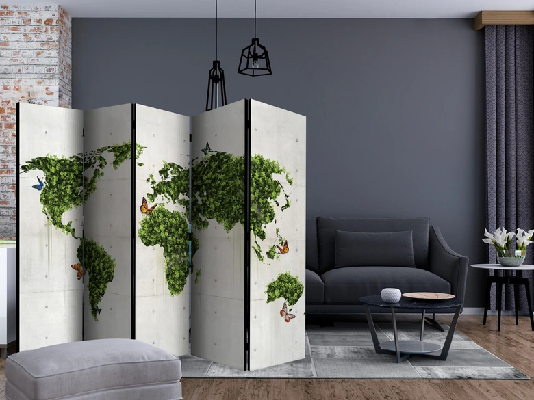 Paravent Séparation de pièce - Carte du monde - Le jardin des papillons , 5 pièces - 225x172 cm 