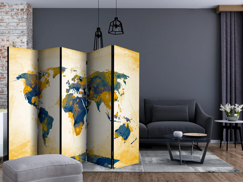 Paravent Séparation de pièce - Carte du monde - Soleil et ciel , 5 pièces - 225x172 cm 