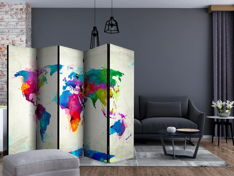 Paravent Séparation de pièce - Carte du monde - Carte de la chance , 5 pièces - 225x172 cm 