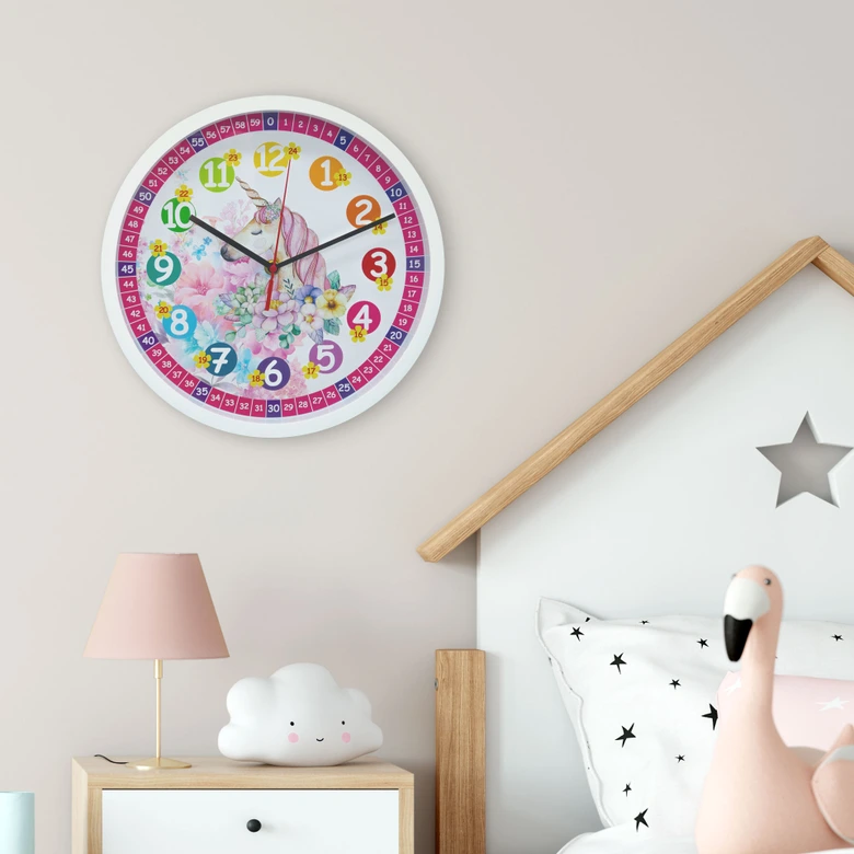 Wanduhr Kinder mit Einhorn und Blumen | rund | Ø30 cm 