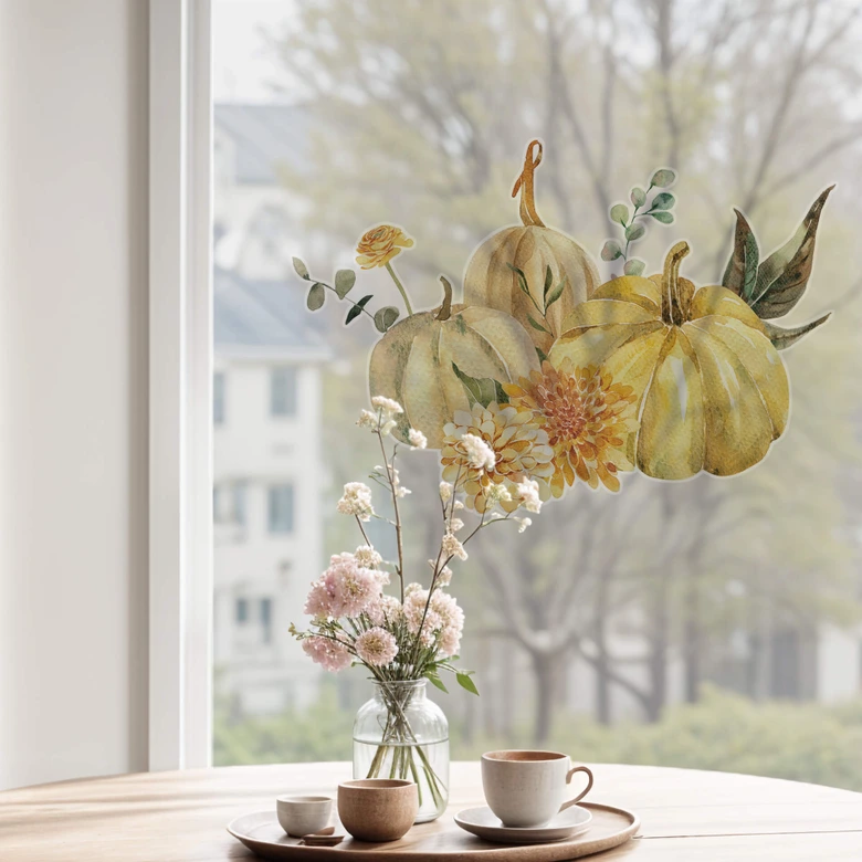 Fensterbild Kürbistrio im Herbstgarten 