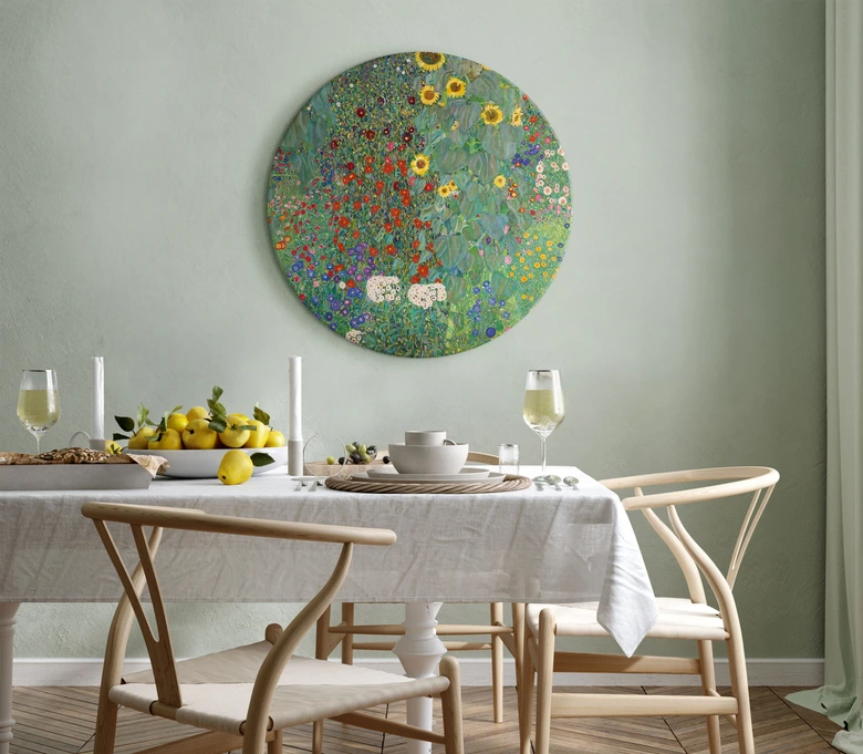 Rundes Leinwandbild Klimt - Bauerngarten mit Sonnenblumen 