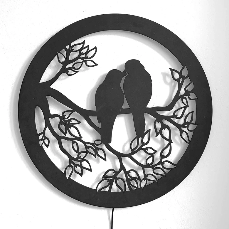 LED-Leuchtdeko aus MDF - Zwei Vögel sitzen auf dem Ast 