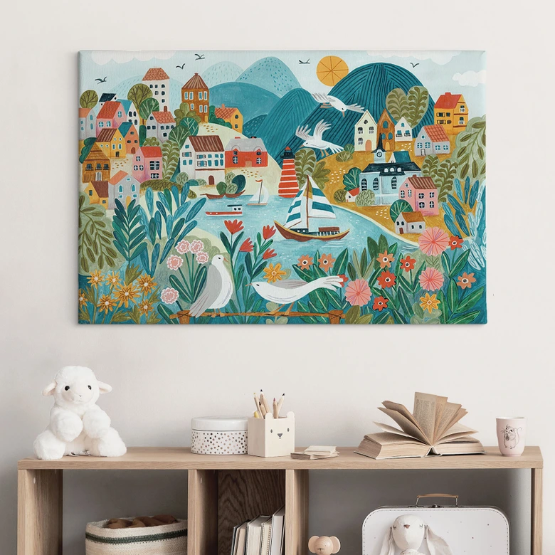 Canvasbillede Farverig kystby om sommeren - Bonne Müller 