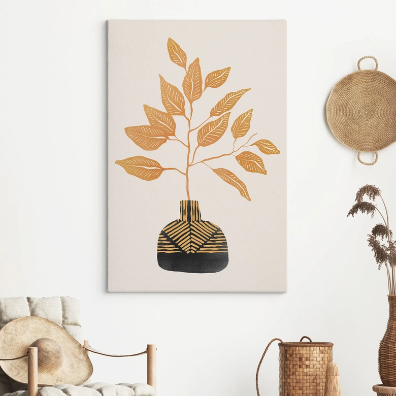 Leinwandbild Goldener Zweig mit Blättern | Blättermotiv fürs Wohnzimmer - Cats & Dotz 