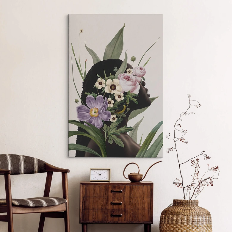 Leinwandbild Frida Floral Studio - Frauensilhouette mit Lila Blumen 