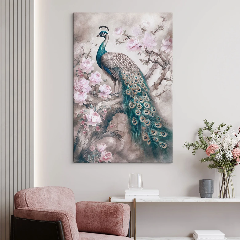 Lienzo pavo real noble con flores - Haase 