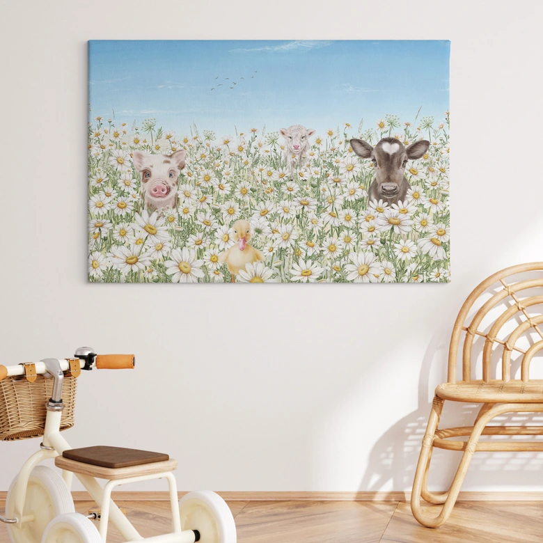 Canvastavla Bondgårdsdjur i blomsterängen - Kikki Belle 