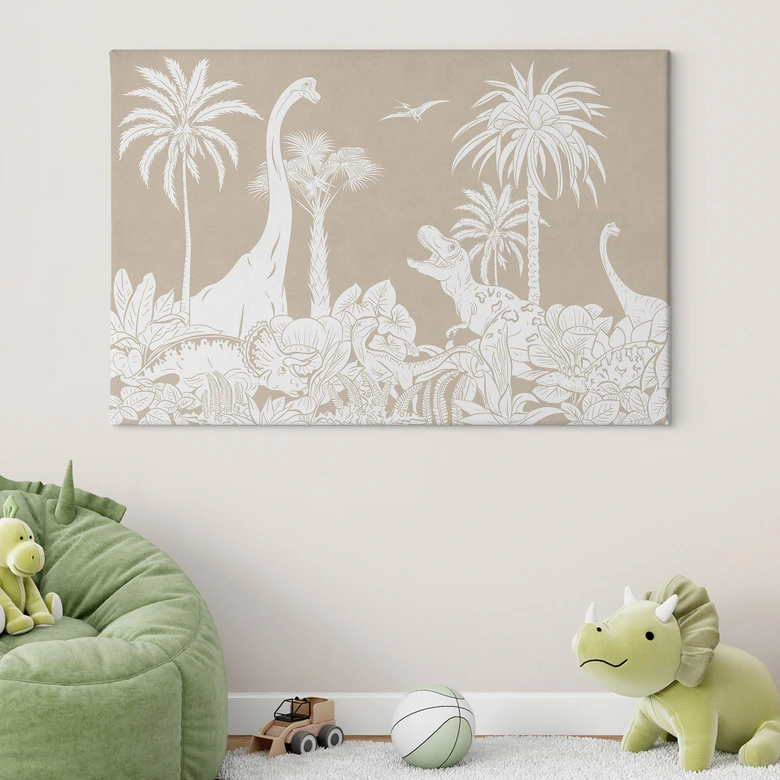 Leinwandbild Dinosaurier im wilden Dschungel - Braun - Kikki Belle 