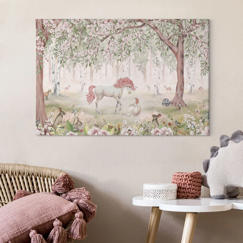 Leinwandbild Märchenhafter Wald mit Einhörnern - Kikki Belle 