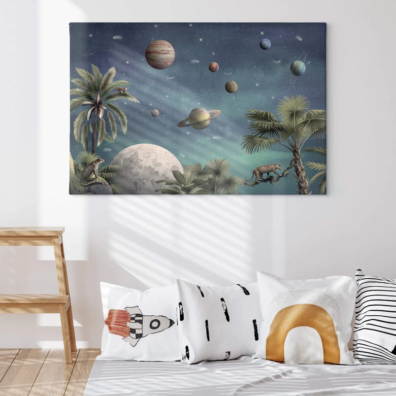 Leinwandbild Kikki Belle - Tropische Fantasiewelt mit Planeten und Palmen 