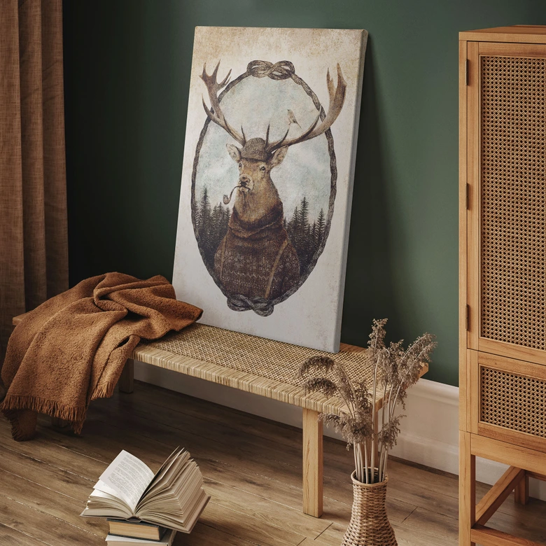 Leinwandbild Vintage Hirsch mit Pfeife - Koubou 