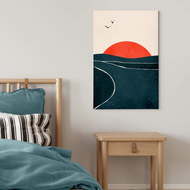 Leinwandbild Sonnenuntergang am Meer mit Tauben - Kubistika 
