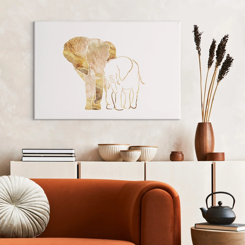 Leinwandbild Manovski - Line Art - Goldene Elefanten 
