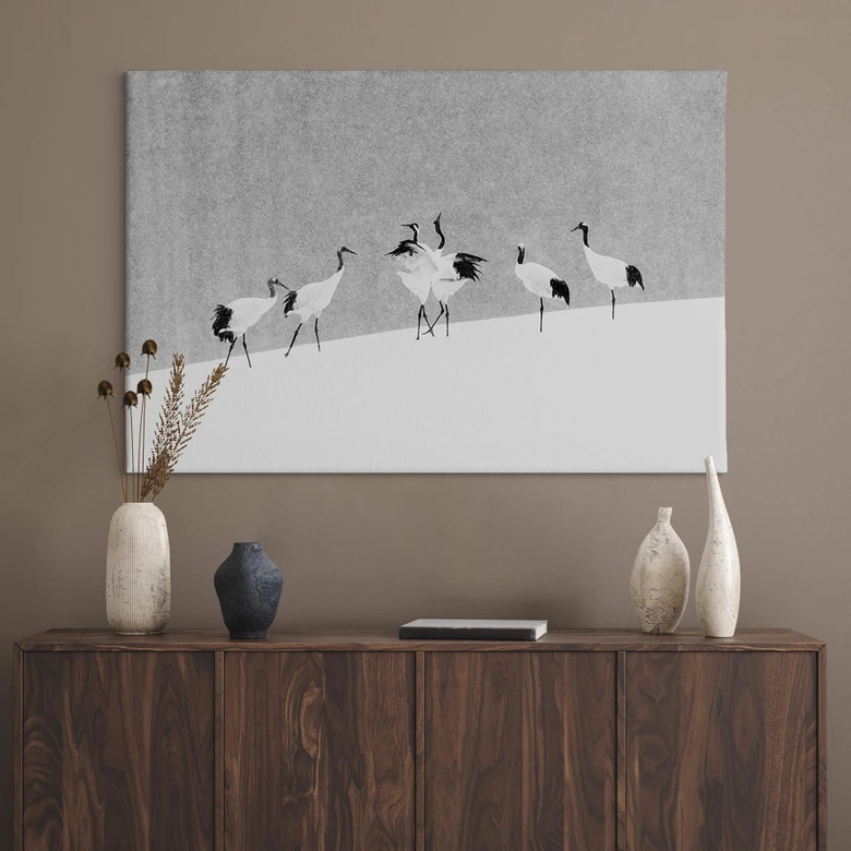 Canvastavla Marchegiani - Tranor i ett snöigt landskap 