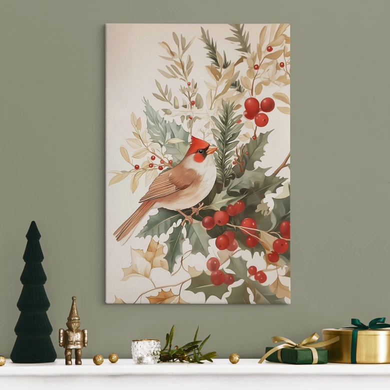 Leinwandbild Kardinalsvogel mit Beerenzweig - Melloi Art Prints 