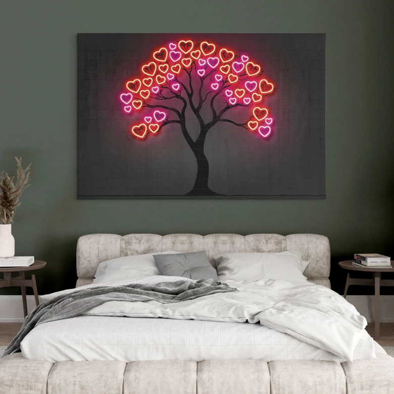 Leinwandbild Baum mit roten Herzen | Neon Design - Mielu 