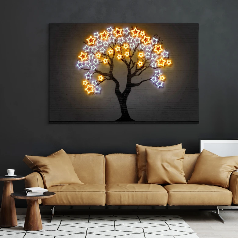Canvas schilderij boom met sterren | neon ontwerp - Mielu 