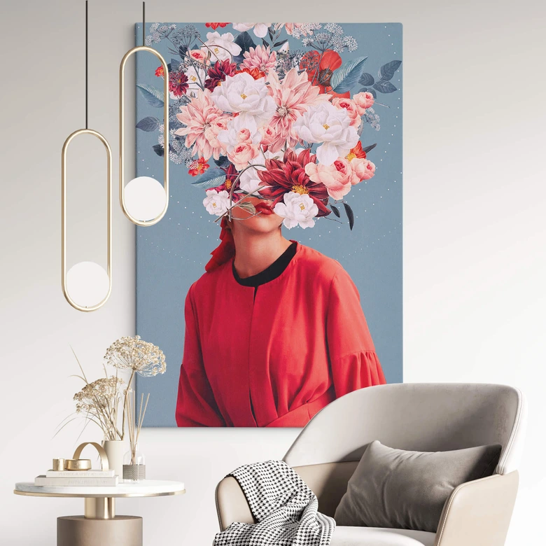 Leinwandbild Elegante Frau mit prachtvollen Blumen - Moth 