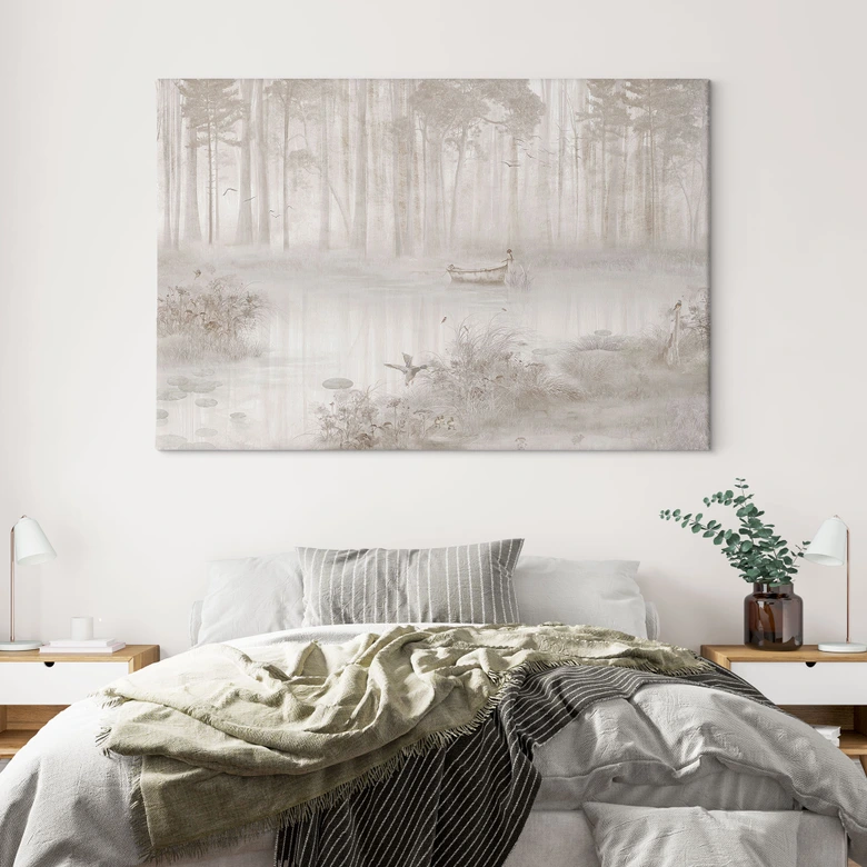 Leinwandbild Wald am See im Nebel in Beige - Ms Tiff 