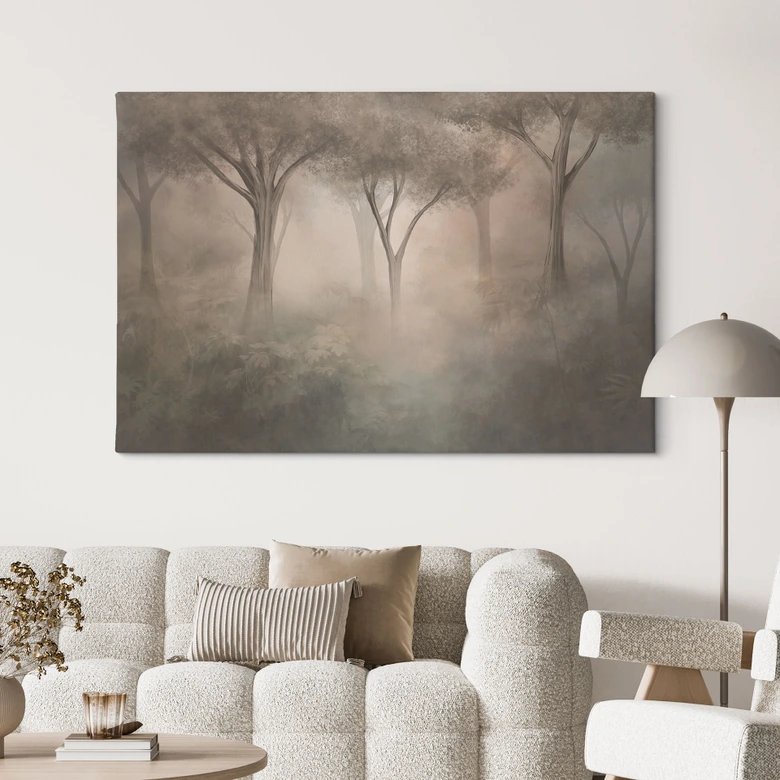 Leinwandbild Waldmagie im Morgennebel Beige - Ms Tiff 