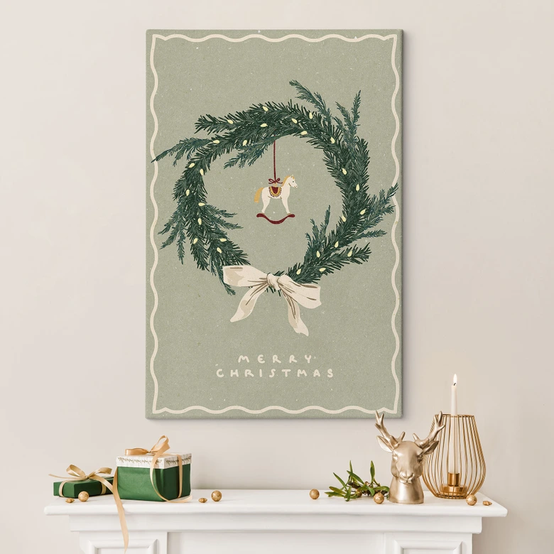 Leinwandbild Weihnachtskranz mit Schaukelpferd - NKTN 