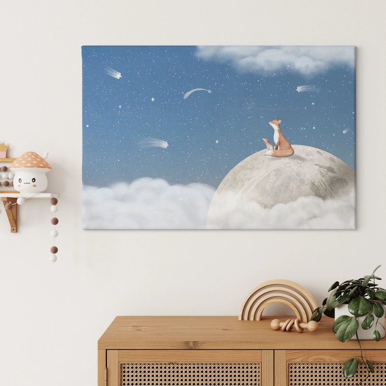 Leinwandbild Fuchs auf dem Mond mit Sternschnuppen - Oliver Robins 