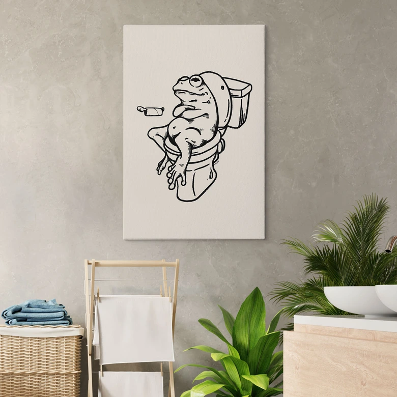 Leinwandbild Warten auf der Toilette - Humorvolle Frosch-Illustration - Royle 
