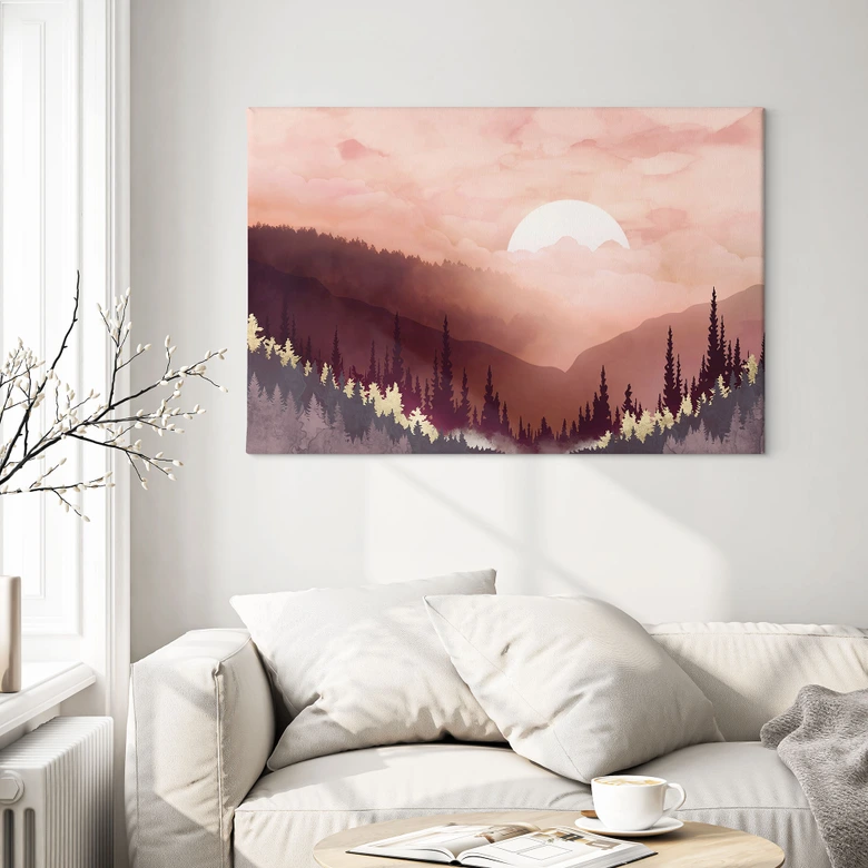 Leinwandbild Rosa Sonnenuntergang über dem Wald - SpaceFrog Designs 