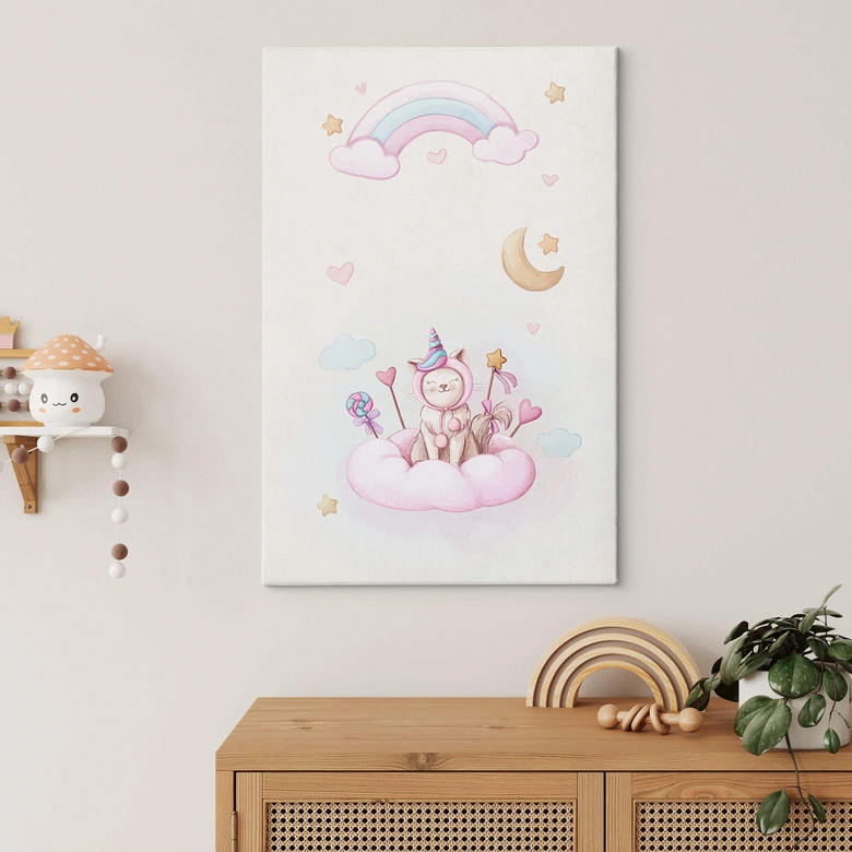 Leinwandbild Thai - Einhorn-Kätzchen auf der Zuckerwolke 