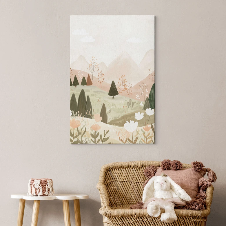 Leinwandbild Pastell Berglandschaft mit Blumen - Treechild 