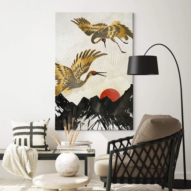 Canvas SpaceFrog Designs - Gouden Kraanvogels - Japandi 