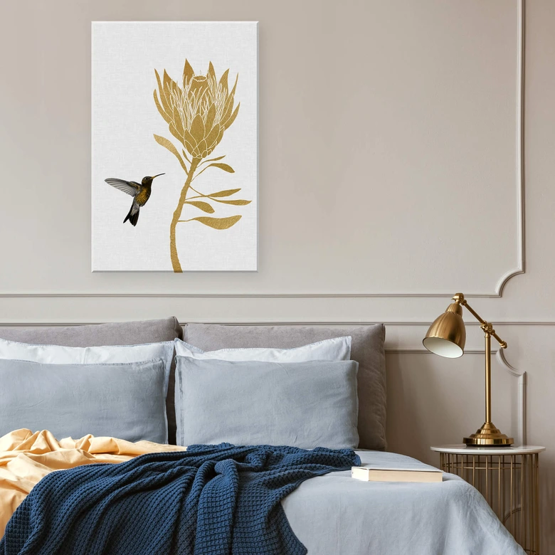 Leinwandbild Orara Studio - Hummingbird and Flower - goldene Blume 